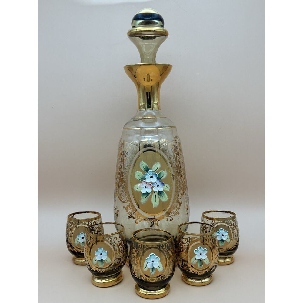 Vintage Bohemian Czech Amber Glass Decanter w/ 5 Cordial Glasses Floral Enamel